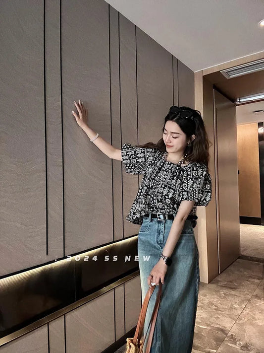 Square Neck Puff Sleeve Patterned Off-shoulder Cropped Women's Top 2024 Spring/Summer Vacation Blouse  Petite Women's Clothing clothes