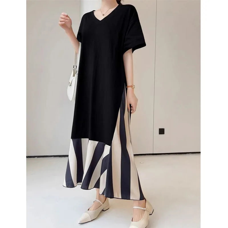 Striped T Shirt Dress New Loose V Neck Contrast Vintage Dress Fashion Elegant Women Clothing