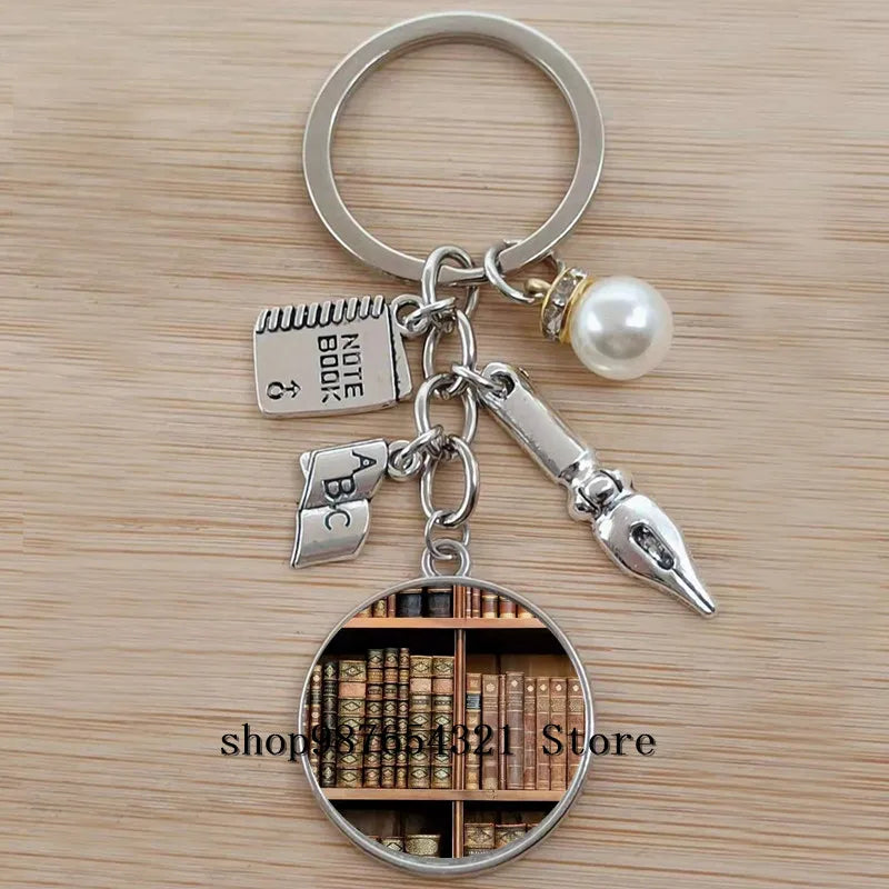 Classic Library Books Keychain Vintage Old Books Key Chain Librarians Key Ring Gift for Nerd Bookworm Writer Teacher