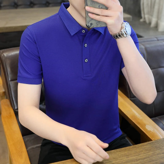Summer Short Sleeve Men's Solid Button Pullover Turn-down Collar Vacation T-shirt Casual Formal Undershirt Preppy Style Tops