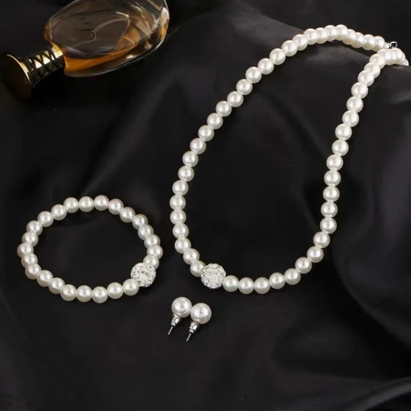 Glamorous Party Accessories Set - Necklace Earrings Ring and Bracelet Ensemble with Imitation Pearls Brides Jewelry for Women