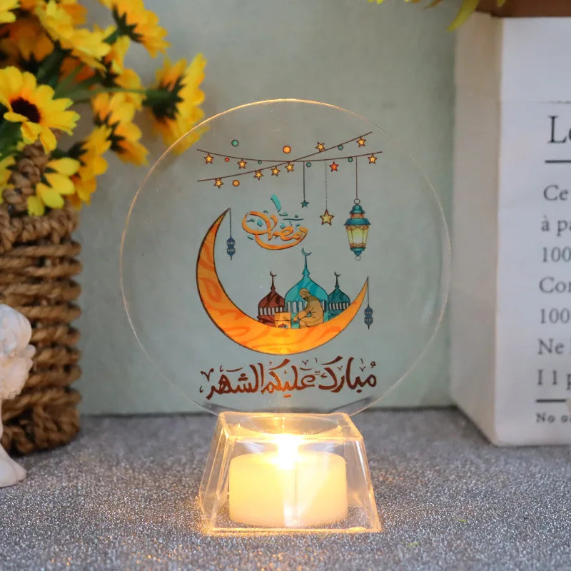 Eid al-Fitr Moon with Base Light Plate Ramadan Mubarak LED Light Holiday Gifts Home Decorative Lights LED Electronic Candle
