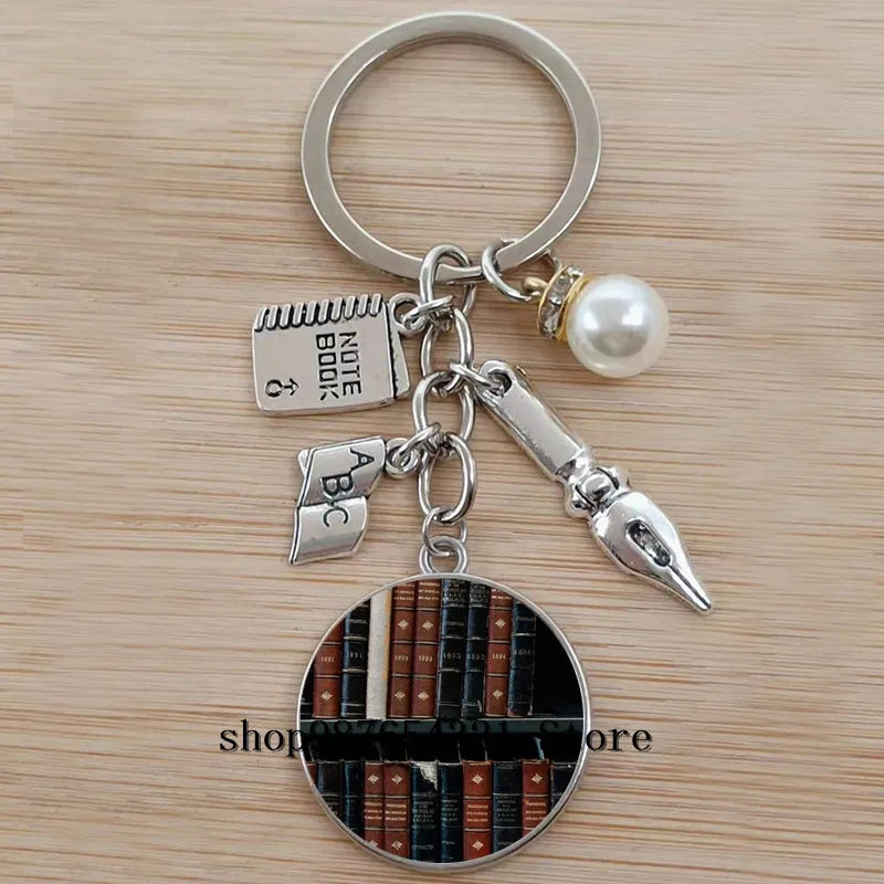 Classic Library Books Keychain Vintage Old Books Key Chain Librarians Key Ring Gift for Nerd Bookworm Writer Teacher