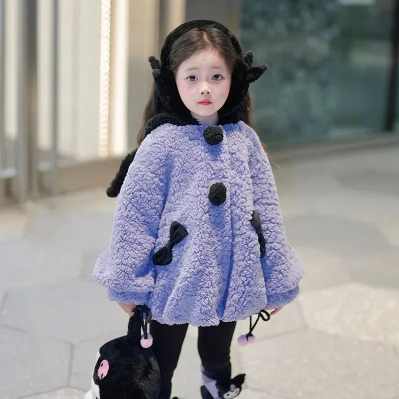 Kuromi Anime Kawaii  Long Sleeve Coat Cute Cartoon Children Sanrio Ins Winter Plus Hooded Warm Jacket Clothing Gifts for Kids