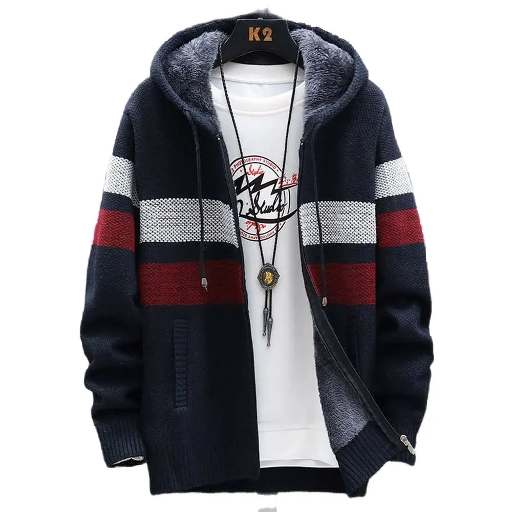 Men's Striped Sweater Coat Thick Fleece Warm Zipper Wool Hooded Cardigan Jumpers Men Long Sleeve Knitted Sweaters