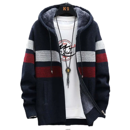 Men's Striped Sweater Coat Thick Fleece Warm Zipper Wool Hooded Cardigan Jumpers Men Long Sleeve Knitted Sweaters