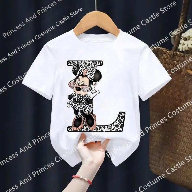 Minnie Letter A B C D Children T-shirt Kawaii Disney Clothes for Girls T Shirt Anime Cartoons Casual Kid Boy Short Sleeve Tops