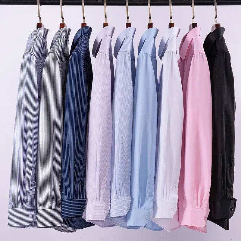 New Men's Formal Shirt Long Sleeve Office Striped Anti-wrinkle Non-ironing Fashion Business White Shirts S~8XL Oversized