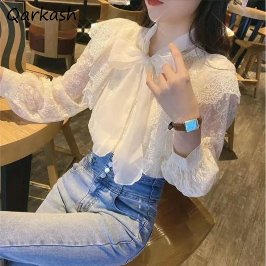Blouses Women Scarf Collar Long Sleeve Elegant Chiffon Tops Bow Lace Fairy