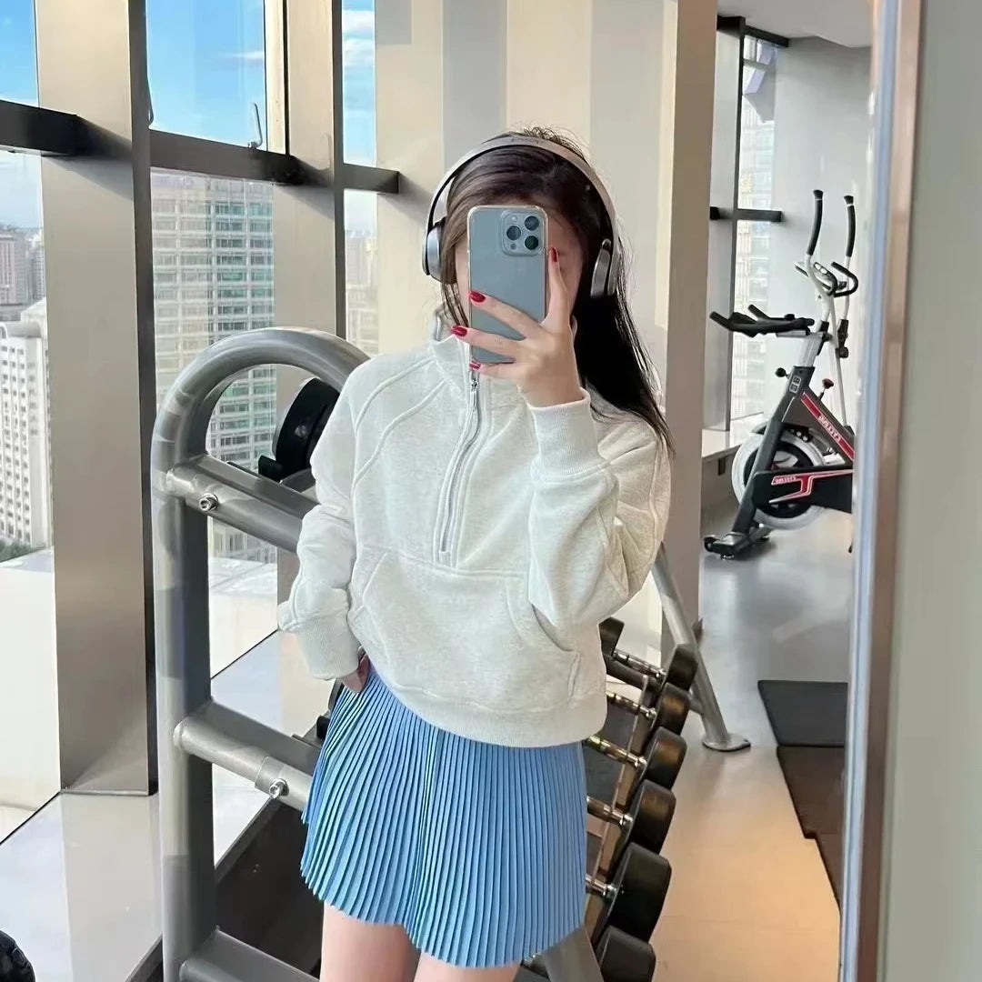 Lemon Women Sportswear Jacket Half Zip Long Sleeve Loose Warm Scuba Sweatshirts Gym Workout Clothes Sport and Leisure Yoga Coat