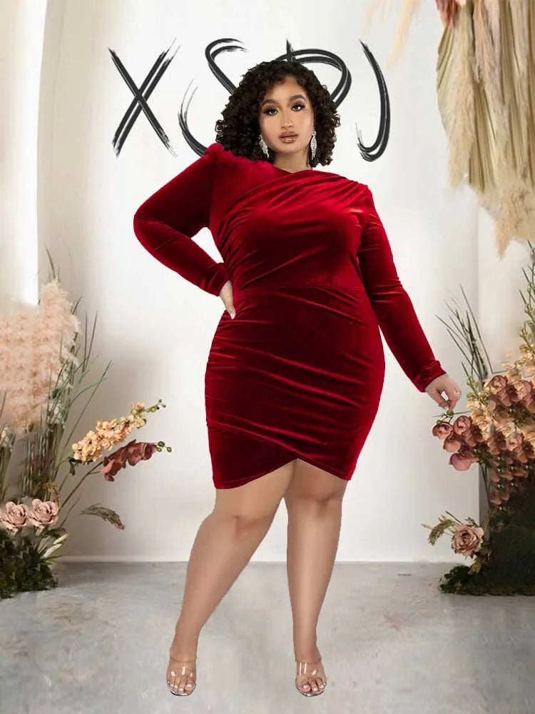 Plus Size Fashion Women Clothing Curvy Dresses Velvet Winter Party Dress Evening Low Back Draped Dresses Wholesale Dropshipping