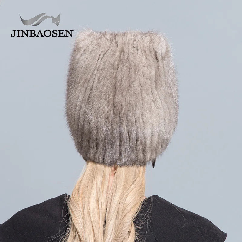 JINBAOSEN Winter Women's Mink Fur Hat Knitted Sweater Hat New Fashion Cat Ears Style European And American Style Ski Caps