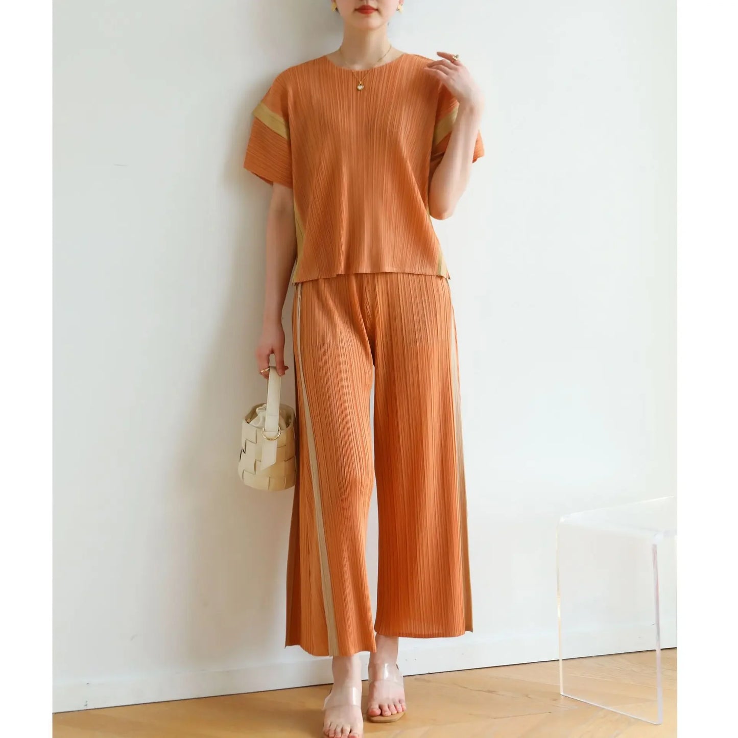 MIA XU Pleats Pants Sets 2025 Summer Miyake High-end Pleats Color Blocking False Two Pieces Fashion Casual T-shirt Pants Set