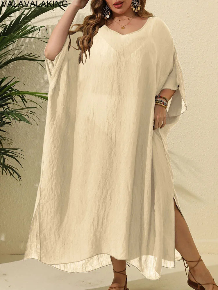 2025 Women Short Sleeve Plus Size Cove Up Solid Large Big Tunic Lady Chubby Beach Long Dress Brazilian Curvy Swimsuit Cover-Ups