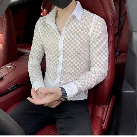 Spring Autumn New Fashion Plaid a Peaked Collar Men's Clothing Shirts Long Sleeve Button Hollow Out Slim Korean Chaopai Blouse