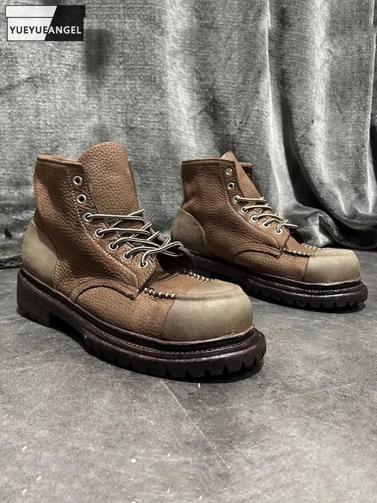 Vintage Mens Cow Genuine Leather Boots Lace Up Cargo High Top Shoes Spliced Personality High Street Mens Motorcycle Short Boots