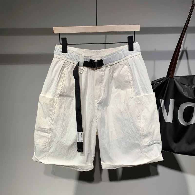 Cargo-Shorts Herren, einfarbig, modisch, Streetwear, japanischer Stil, große Taschen, elastische Taille, schön, fortschrittlich, lässig, Sommer, knielang 