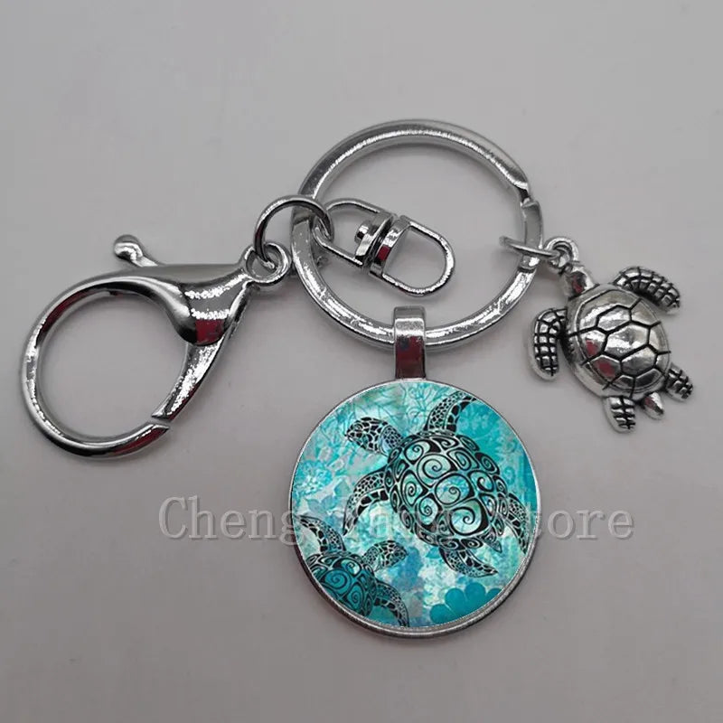 Marine life jewelry turtle dolphin shell keychain key ring glass convex round keychain charm turtle pendant Christmas gift