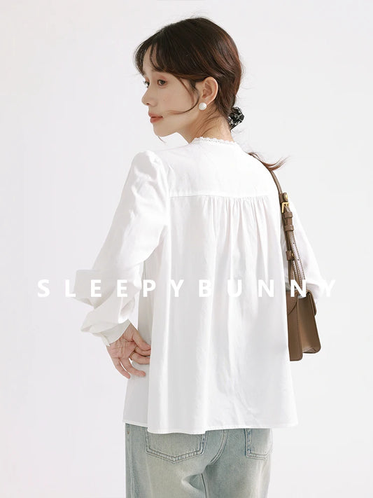 White Lantern Sleeve Blouse Women Spring Fall French V-Neck Long Sleeve Elegant Petite Office Shirt Stylish Casual Chic Top clothes
