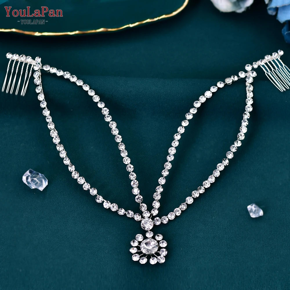 YouLaPan Crystal Flowers Hairpiece Bridal Wedding Hair Accessories Handmade Rhinestone Forehead Tiara Crown for Bride HP618