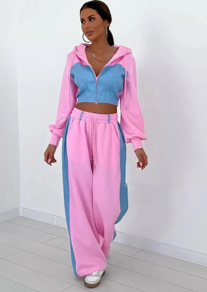 Casual Patchwork Denim 2 Piece Sets Women Outfit Slim Hoodies Crop Top Wide Leg Sweatpants Suit Streetwear Fashion Tracksuits