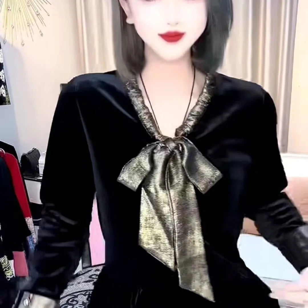 Women Bowtie collar Elegant Basic Blouse Spring Autumn Fashion Gold Velvet Shirt Long Sleeve Pullover Tops Women's Clothing