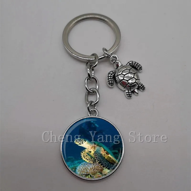 Marine life jewelry turtle dolphin shell keychain key ring glass convex round keychain charm turtle pendant Christmas gift