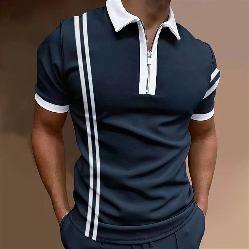 Striped Printed Short Sleeve Polo Shirt Summer Golf Clothing High Quality Tops Simple Men Clothing Loose Oversized Pullover 2023