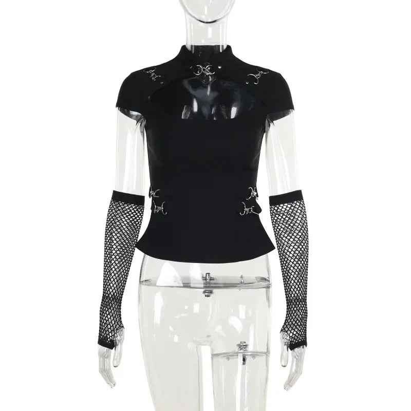 2025 New Women Vintage Punk Tees Dark Academia Gothic Hollow Out Short Sleeve Crop Tee Tops Streetwear Y2K Grunge Indie Clothes