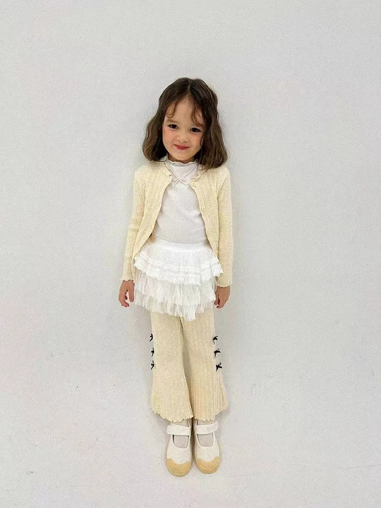 2025 Spring New Baby Girl Long Sleeve Clothes Set Toddler Ribbed Cardigan Coat + Bow Flared Pants 2pcs Suit Kids Casual Outfits