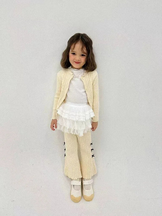 2025 Spring New Baby Girl Long Sleeve Clothes Set Toddler Ribbed Cardigan Coat + Bow Flared Pants 2pcs Suit Kids Casual Outfits