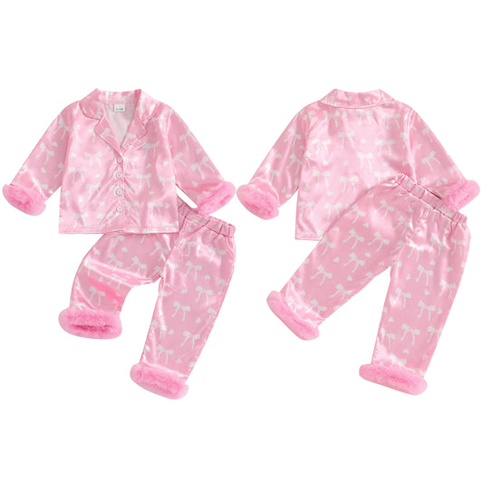 Valentine Pajamas Sets Toddler Baby Girl Bow Print Plush Laple Long Sleeve Tops with Pants Kids Girls Sleepwear Sets 2025 Spring