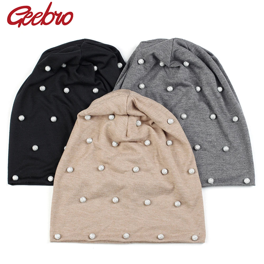 Geebro Women Spring Autumn Warm Soft Beanies Cotton Solid Color Fashion Skullies Hats With Silver Beads Accessories Caps Bonnet