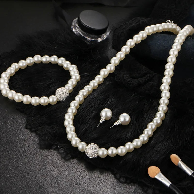 Glamorous Party Accessories Set - Necklace Earrings Ring and Bracelet Ensemble with Imitation Pearls Brides Jewelry for Women
