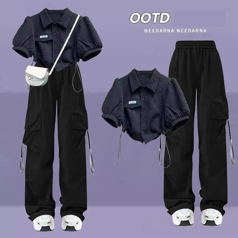 2025 Summer New Chic Tracksuit Matching Set Girl Casual Short Short-sleeved Top+Loose Cargo Pants Two Piece Female Clothes Suit