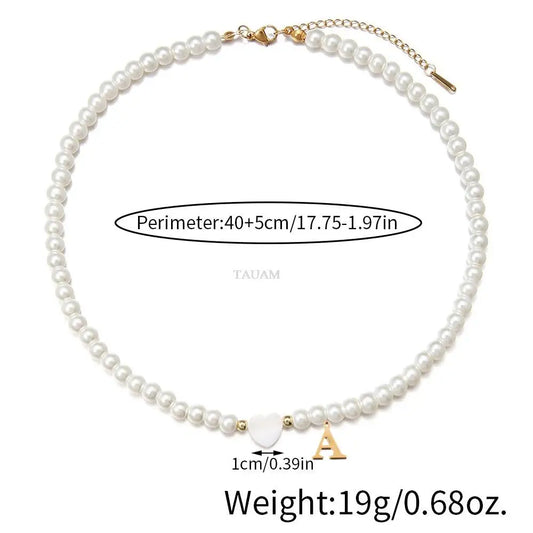 New Trendy Stainless Steel 26 Letter Shell Heart Imitation Pearls Necklace Women Handmade 6mm Stone Beaded Choker Jewelry Gift