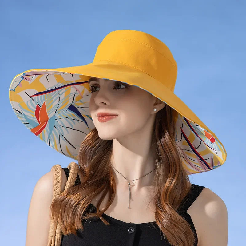 18cm Large Brim Women Sun Hat Luxury Double Sided Wearable Plant Printing Cotton Bucket Cap Light Breathable Summer Top Hat