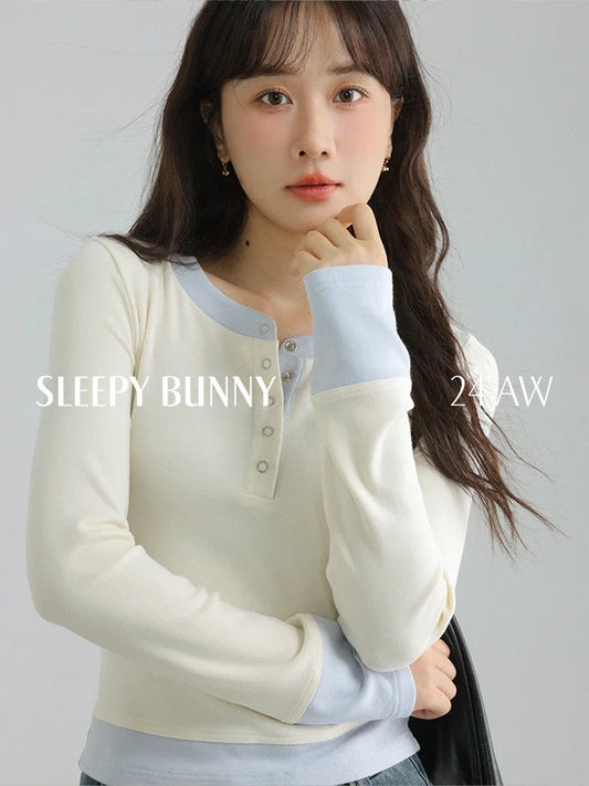 Winter Women Slim Fit Fake Two-Piece Design Long Sleeve T-Shirt Short Cropped Base Top Elegant Petite Style Casual Inner Wear clothes