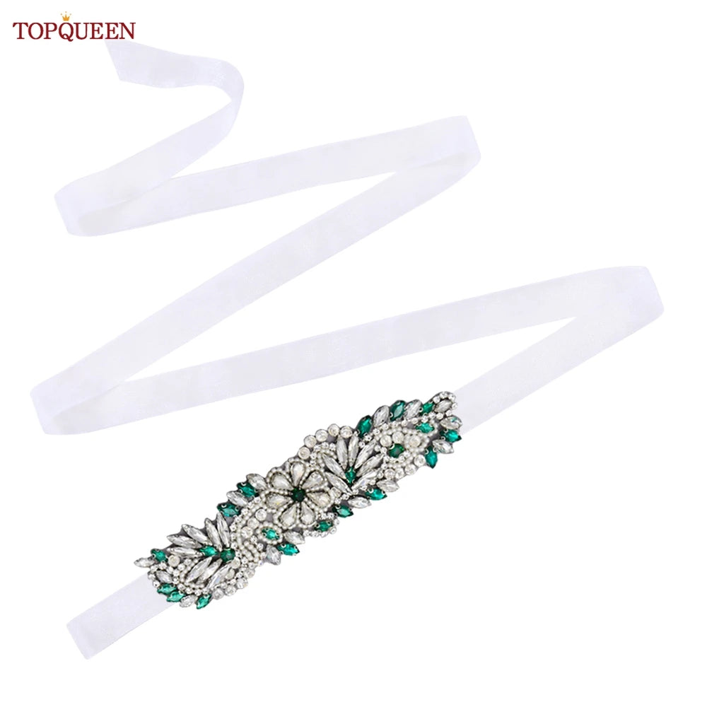 TOPQUEEN S22 Bride Rhinestone Belt Shiny Wedding Accessories Party Woman Emerald Belts Jewelry Wedding Dress Decoration Sash