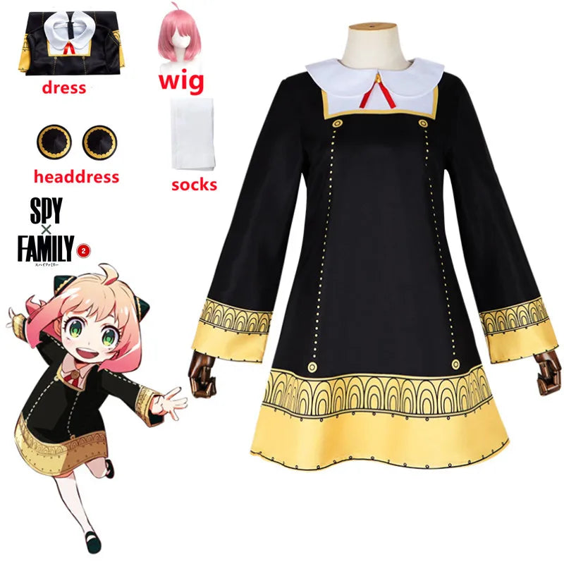 Anime SPY FAMILY Anya Forger Cosplay Kostüm Kleinkind Kinder Anya Cospla Kawaii Schwarzes Kleid Party Kleidung Perücke Halloween Frauen Mädchen 