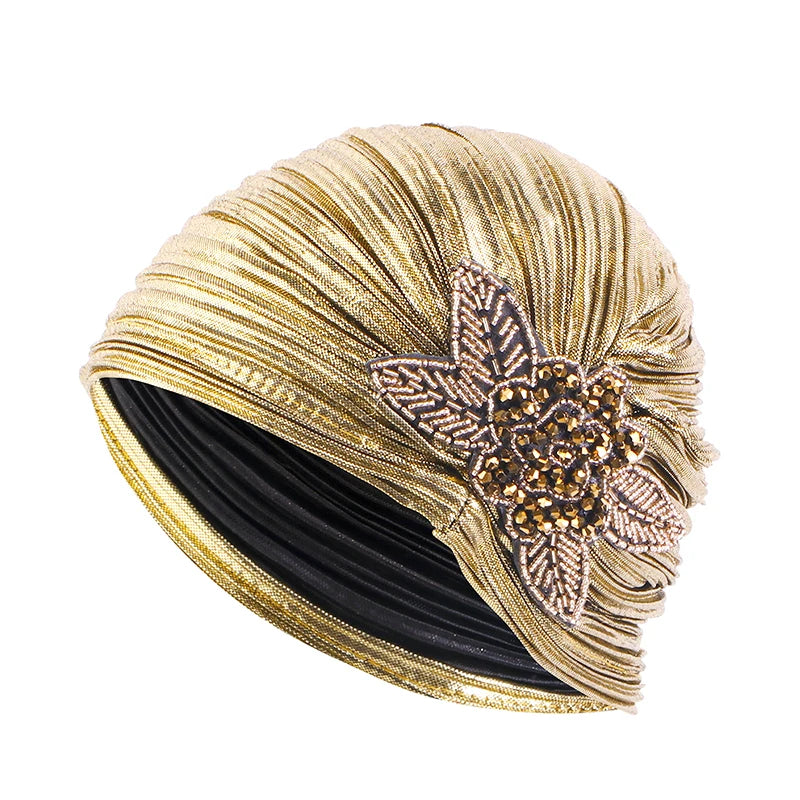 New Rhinestone Flower Turban For Women Elegant Pleated Skull Cap Muslim Hijab Hat Headwraps Elastic Ramadan Beanies Chemo Cap