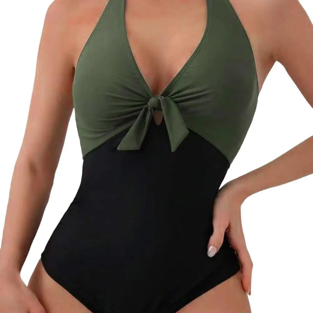 Women Fashion Solid Deep V Neck One Piece Swimsuit Women White Hollow Out Pleate Swimwear Beach Bandage Bathing Suit Monokini