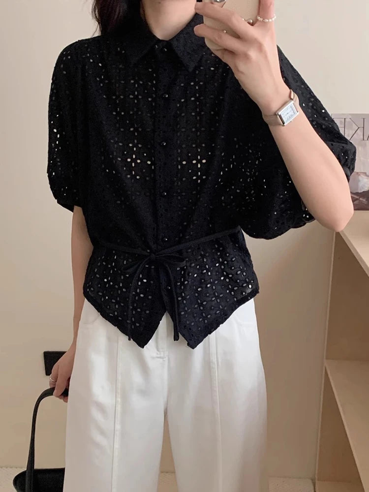 Korejpaa Korean Fashion Woman Shirt Vintage Clothes 2025 Spring Turn-down Collar Hollow Out Embroidery Jacquard White Shirts