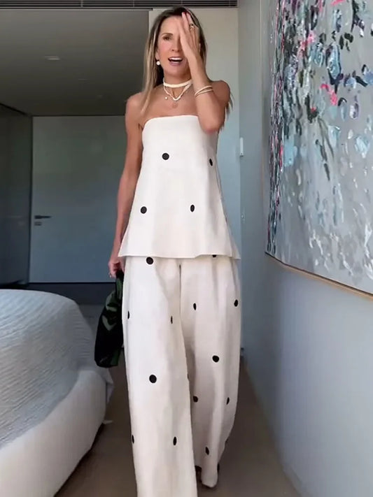 Women's Round Dot Print Off Shoulder Zipper Top Sets Fashion Backless Casual High Waist Long Pants Suit 2025 Female Streetwear