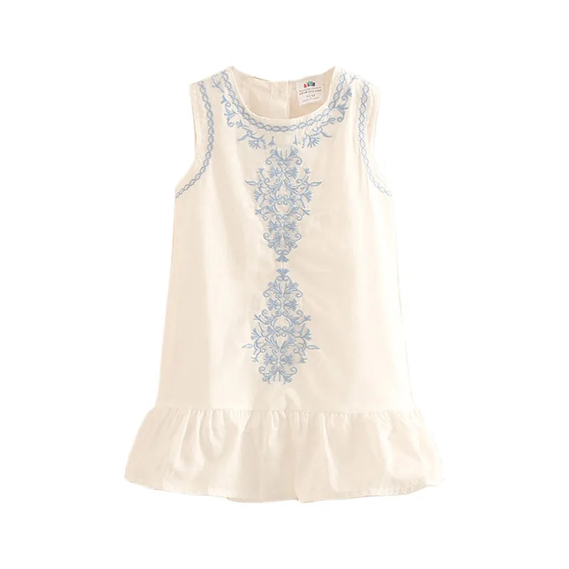 Summer 2-10 Years Brief Lace Embroidery Flower Floral Cotton Flounce Tank Sundress Sleeveless Kids Girls Dress