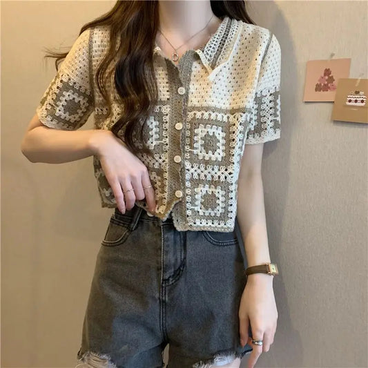 Summer Short Sleeve T-Shirt Retro Knitted Cardigan Outerwear Young Petite Girls Vintage Hollow Out Crop Top Women Clothes