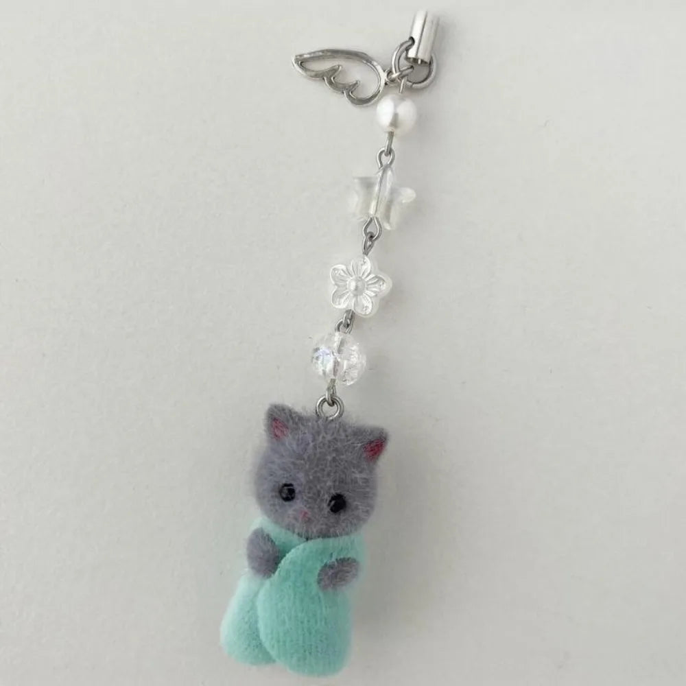 Kawaii Flocking Cat Pendant Phone Lanyard Cute Mobile Phone Charm Backpack Headphone Case Decoration for Girls Jewelry Gifts