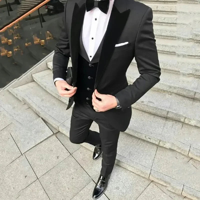 Suits For Men Steampunk Black Three Piece Formal Occasion Regular Length Costume Blazer Jacket Pants Vest Elegant Slim Fit 2023