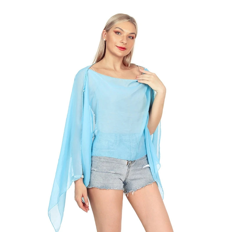 Women Sun Protection Shawl for Cycling Lady Summer Chiffon T-shirt Holiday Solid Color Scarf Bikini Blouse Breathable Beach Wrap