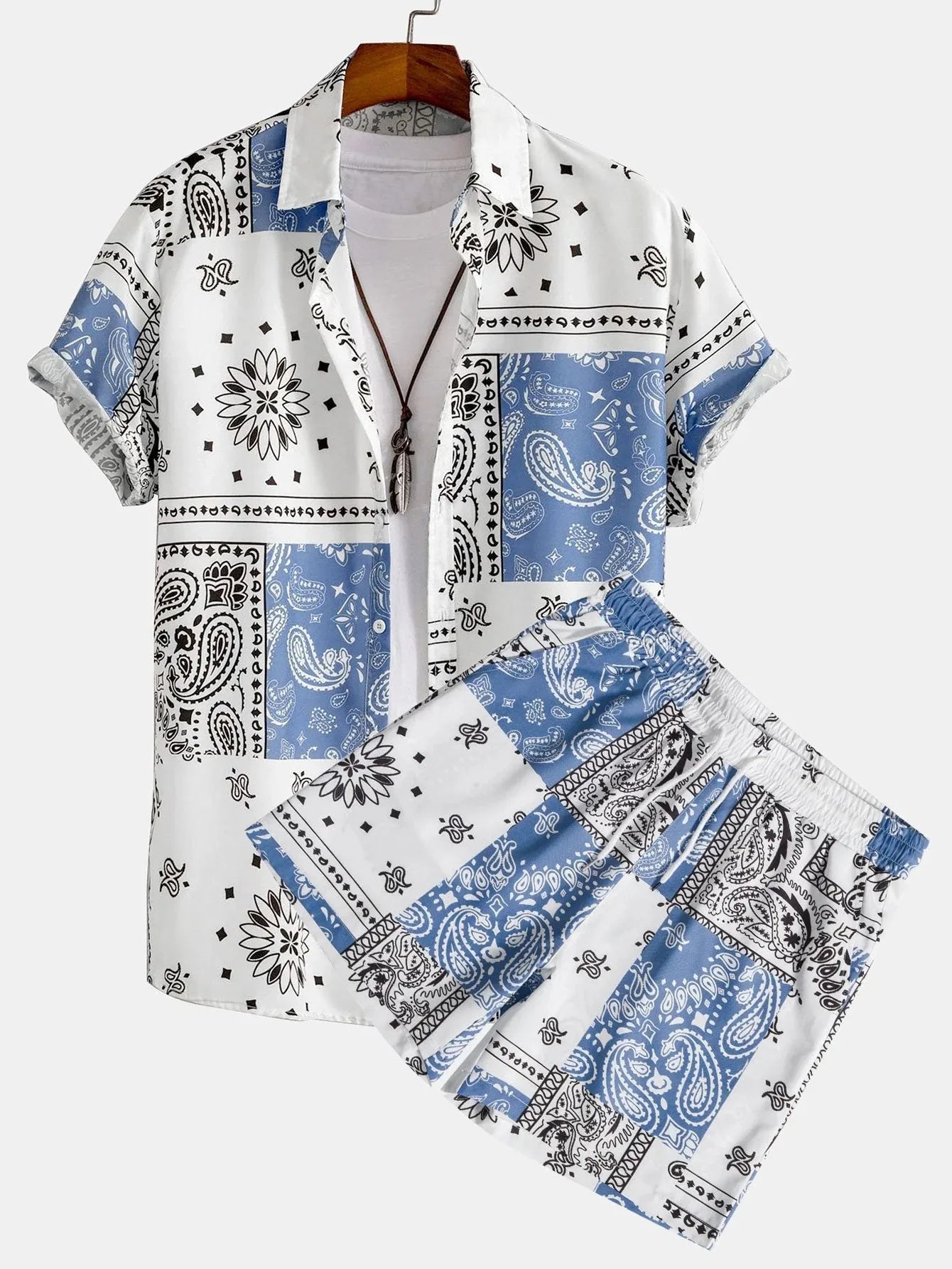 Hawaiian Flamingo Strip Printed Set Casual Streetwear Button Short Sleeve Shirt, Two-piece mon